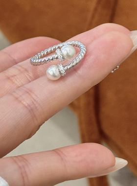 【WanTing】复古珍珠麻花戒指施家高级感轻奢百搭开口指环925纯银