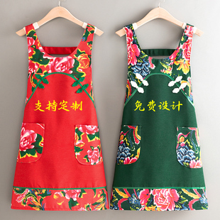 东北大花帆布围裙定制厨房家用做饭围腰罩衣服务员工作服民族风