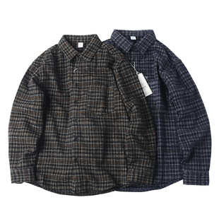 秋冬季美式复古重磅厚实保暖毛呢格子衬衫男宽松长袖抗皱叠穿外套