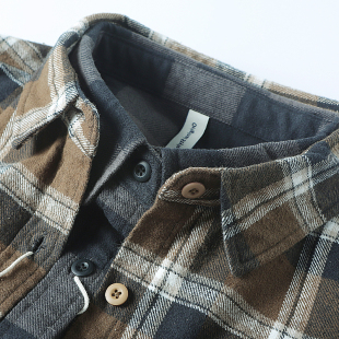 春季美式复古格子衬衫女款中性重磅纯棉软做旧口袋工装长袖衬衫男