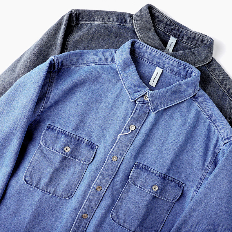秋季新款重磅厚实浅蓝色工装牛仔衬衫男水洗做旧长袖衬衣外套搭配