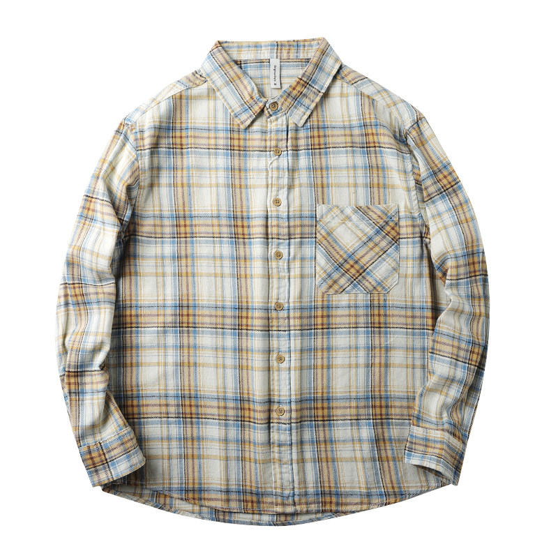 秋季vintage美式复古格子衬衫男纯棉贴身透气黄色长袖衬衣外套女