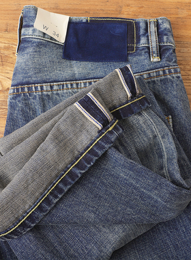 秋季重磅美式休闲水洗赤耳牛仔裤男蓝白包边猫须小直筒浅蓝色长裤