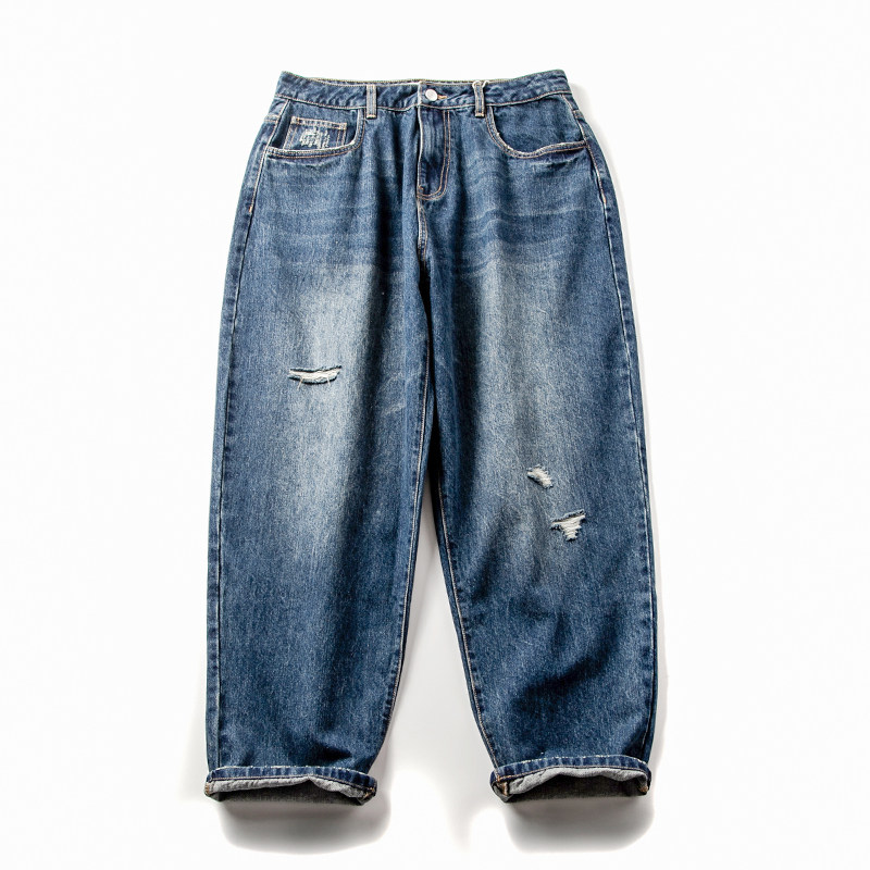秋季重磅纯棉男士牛仔裤春秋款复古水洗做旧个性破洞蓝色直筒长裤