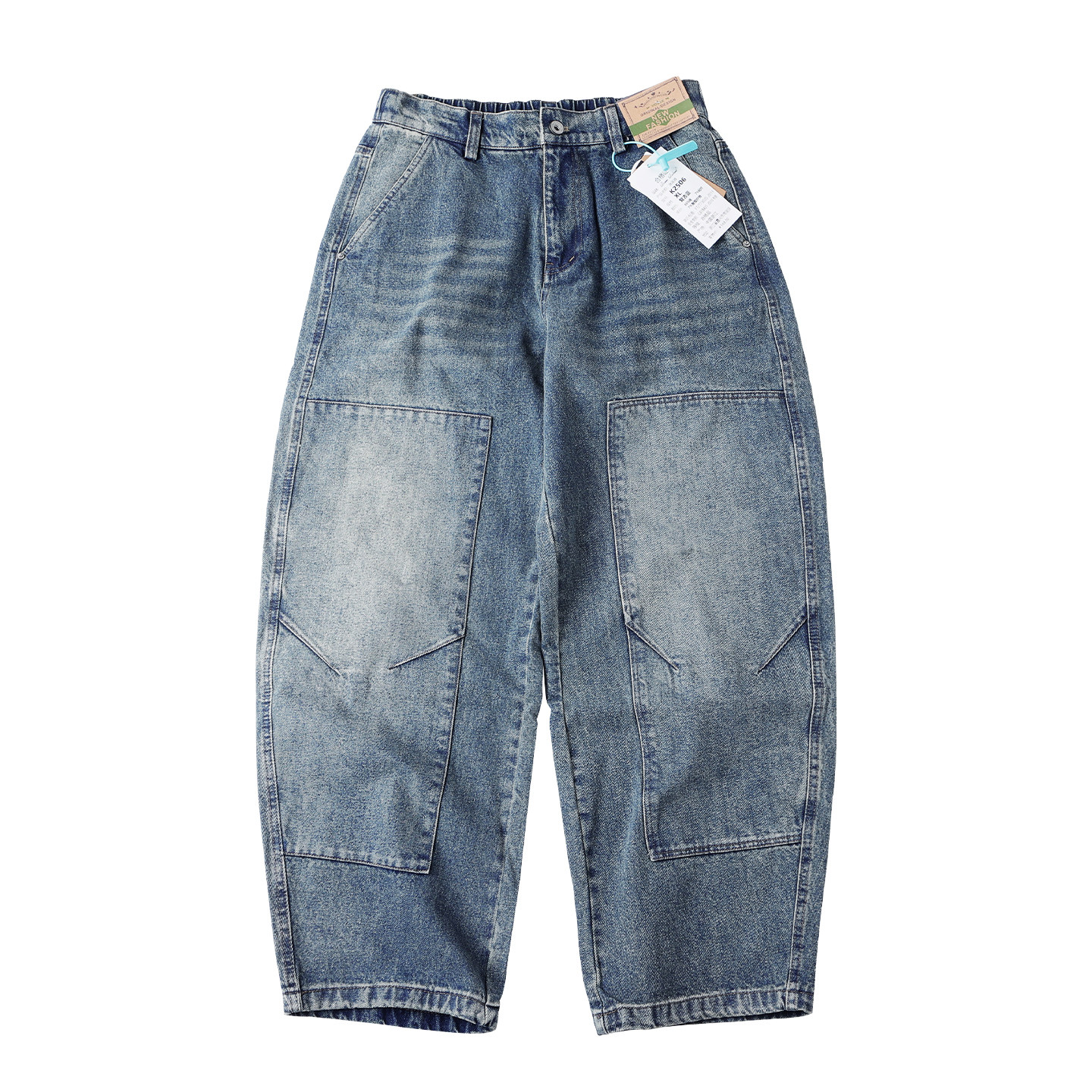 秋季美式复古伐木工裤水洗牛仔裤男宽松廓形松紧腰工装裤直筒长裤