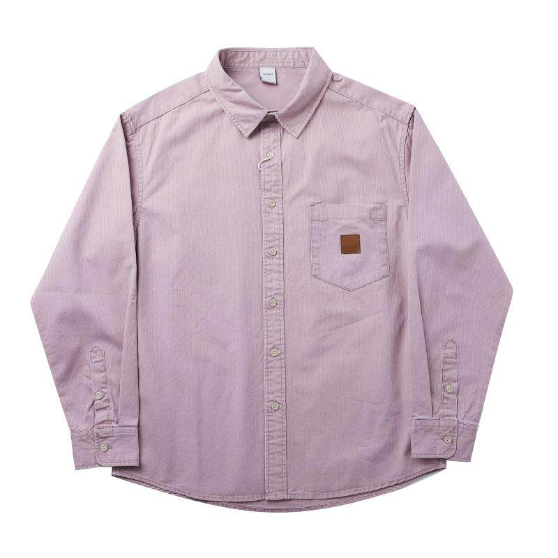 春季美式复古人字纹条纹衬衫男宽松纯色纯棉透气工装长袖休闲衬衣