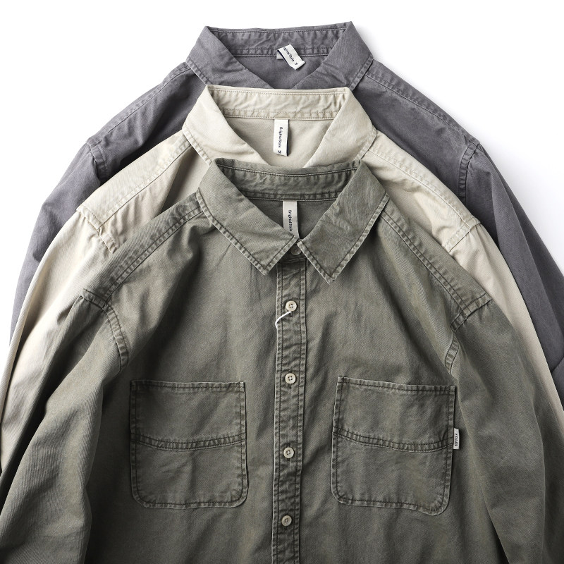 春季美式工装衬衫男阿美咔叽水洗做旧纯棉灰绿长袖衬衣外套叠穿潮