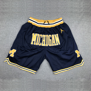 密歇根大学复古篮球裤刺绣口袋球裤宽松大码运动透气学生篮球短裤