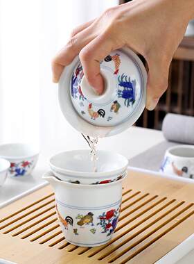 白瓷斗彩仿古鸡缸杯三才盖碗茶杯