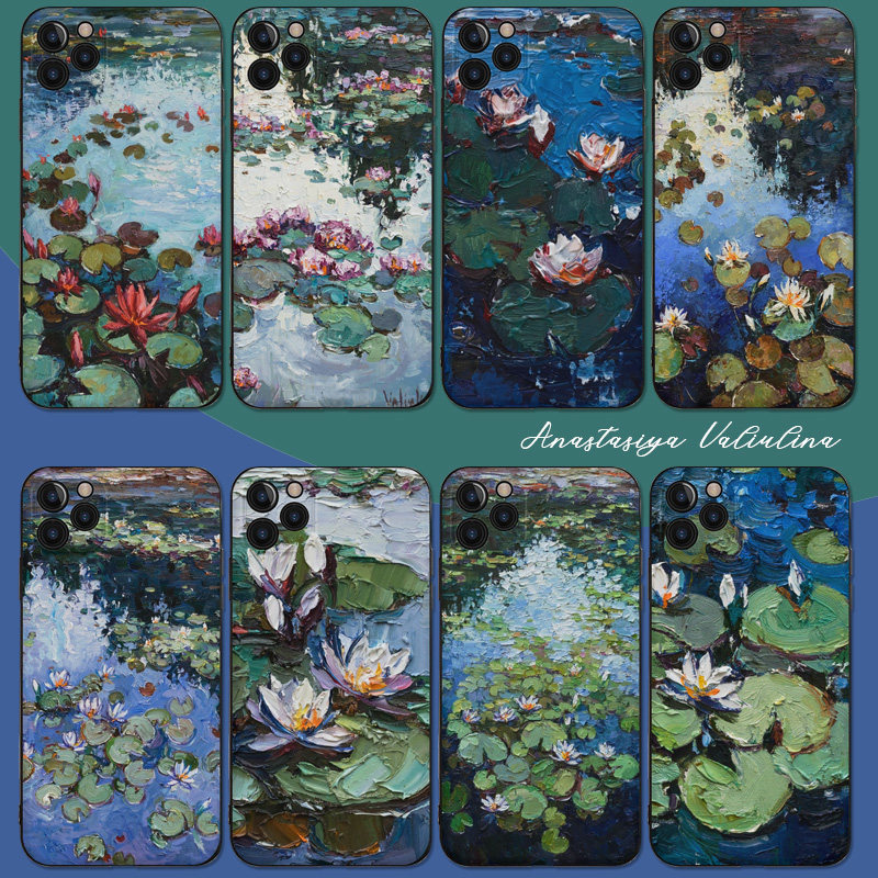 油画睡莲手机壳绘画艺术好看的女生花卉简约小资文艺浮雕适用于苹果小米华为VIVO特色浮雕工艺支持来图定制