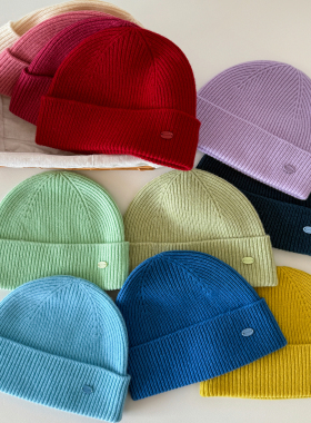 100%绵羊毛线帽克蓝色男女冬季保暖帽子围巾灰色橙色针织帽情侣