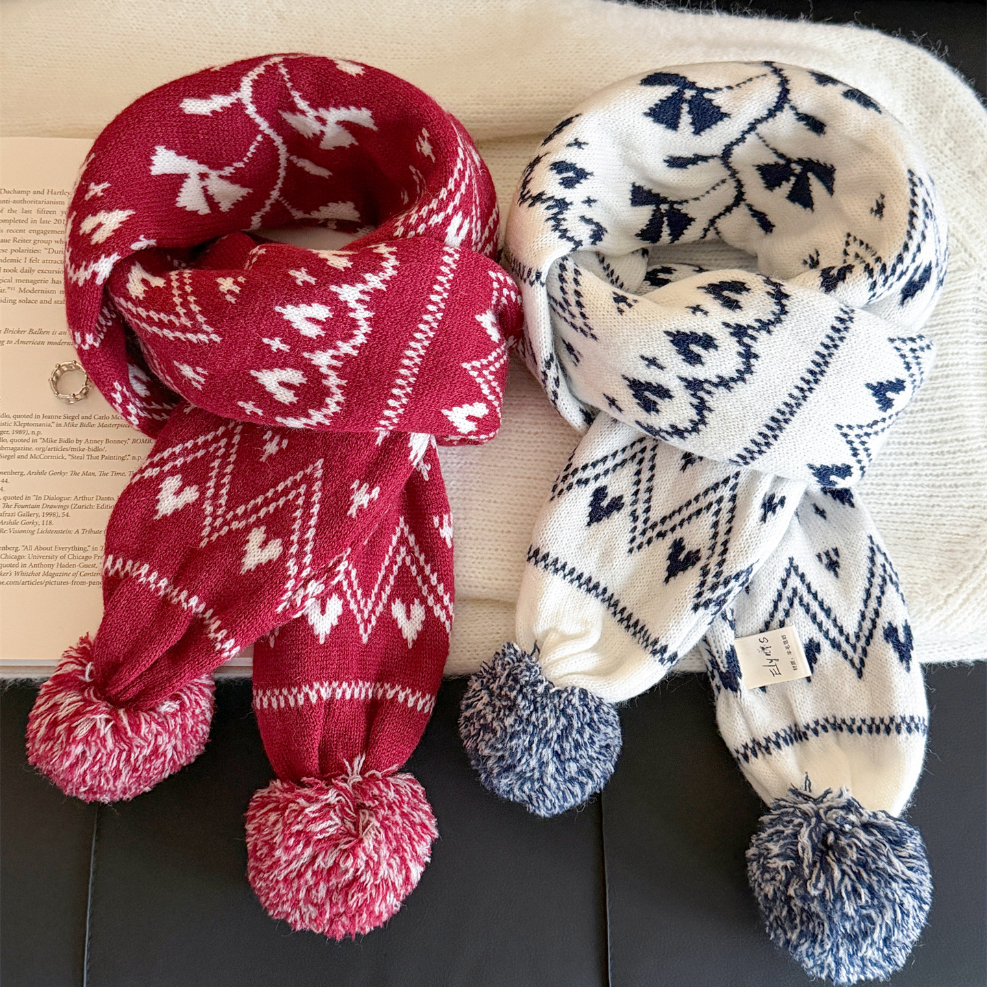 费尔岛风针织球球围巾女冬季加厚保暖毛球装饰红色情侣围脖氛围感