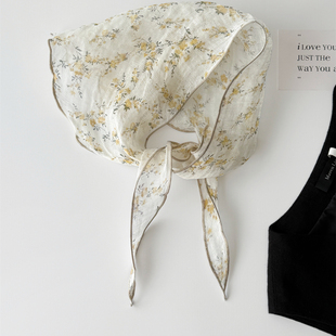 小碎花100%亚麻碎花丝巾女叠穿屁帘配裙子三角头巾系脖围巾配饰