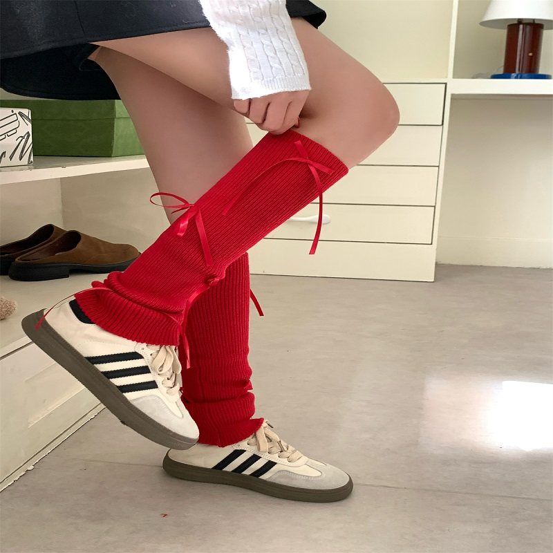秋冬新款日系慵懒风蝴蝶结袖套少女女甜美针织保暖毛线手套腿套