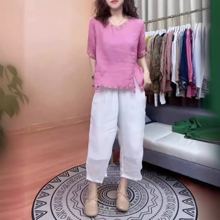 女 英国portney bell夏季 新款 宽松复古刺绣上衣白色休闲阔腿裤