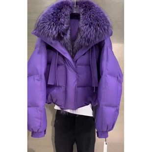 英国portney 紫色连帽毛领棉服宽松显瘦外套 bell冬季 新款