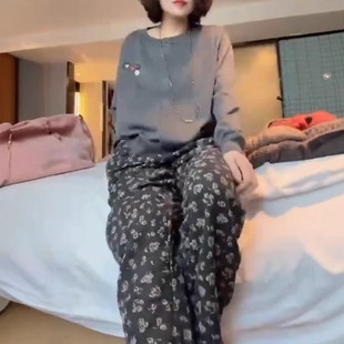 bell春季 长袖 英国portney 新款 女潮 单排扣开衫 印花阔腿裤
