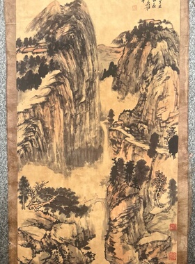 仿古玩收藏古董国画名家字画中堂画横幅四条屏客厅装饰画高山美景