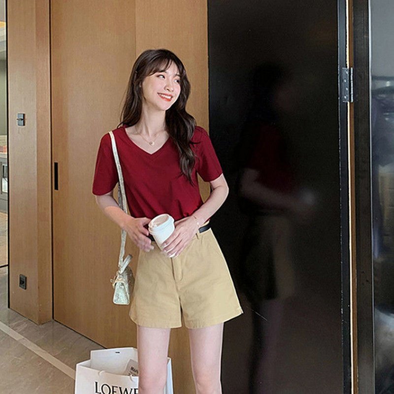 港风酒红色v领短袖T恤女宽松简约纯色纯棉时尚百搭上衣超火ins潮在类目 女装/女士精品, 大码女装中 - 来自Buy2taobao.com提供专业的淘宝代购服务