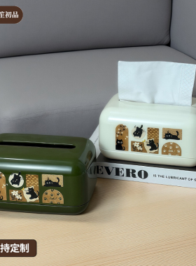 中古风可爱卡通猫咪纸巾盒桌面收纳盒家用客厅创意抽纸盒装饰摆件