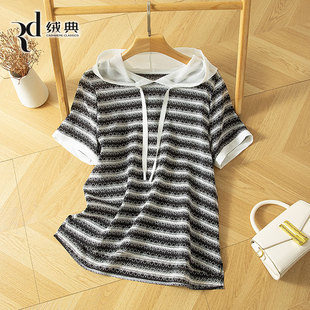 宽松薄上衣 女夏100%桑蚕丝黑白条纹印花小衫 绒典真丝连帽短袖 衬衫