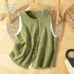 国戎棉麻马甲开衫外套秋装女2025新款圆领无袖马夹宽松外搭上衣