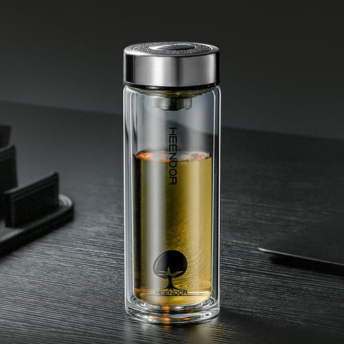 希诺玻璃杯6702带盖滤网双层隔热