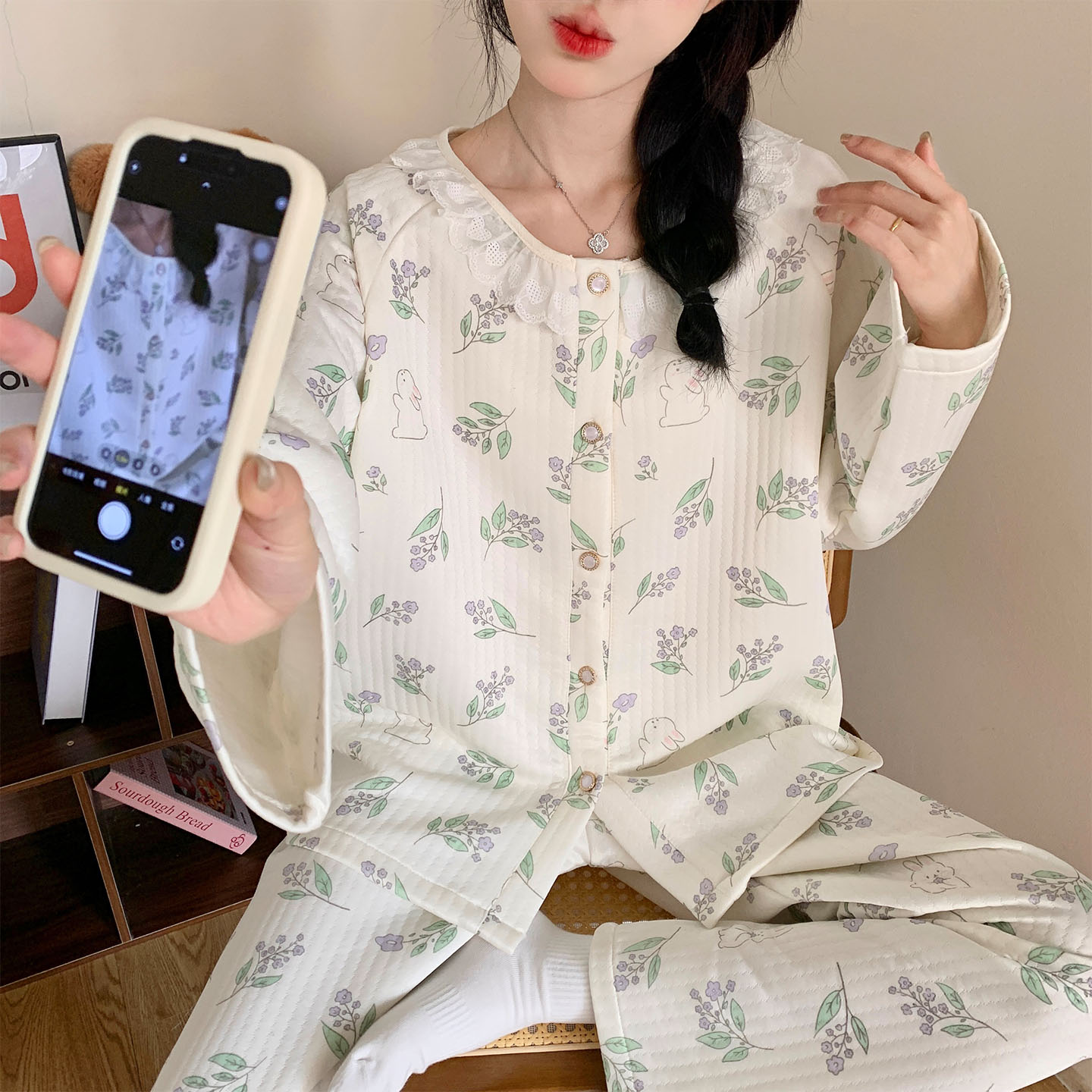 夹棉睡衣女春秋款森系高级感空气