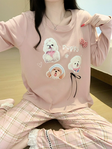 Бархатная пижама, демисезонный мультяшный топ с чашечками, кружевной лонгслив, штаны, женский стиль