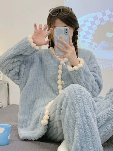 Удерживающая тепло коралловая бархатная пижама, демисезонный фланелевый комплект, 2024 года