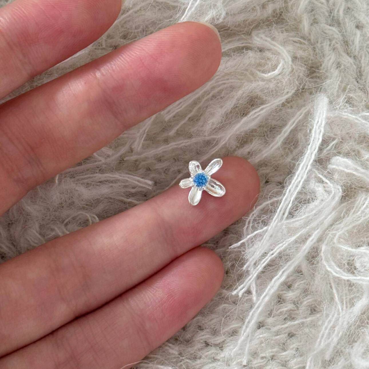 925银针甜美五瓣花朵蓝锆石耳钉简约百搭少女心ins风耳环春日耳饰