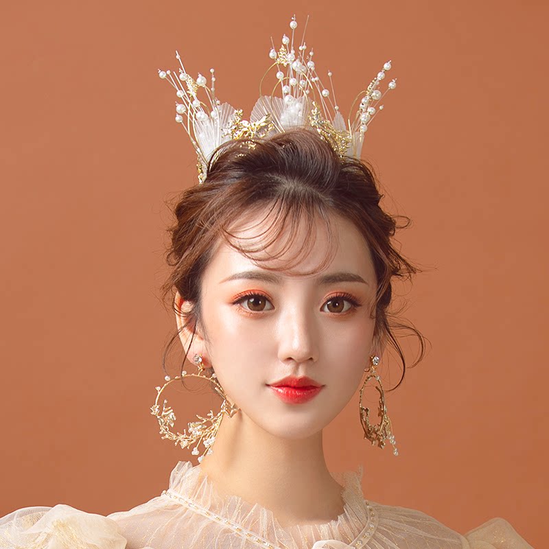笑明2022新款欧美皇冠头饰新娘婚纱晚礼服成人礼生日公主王冠耳环