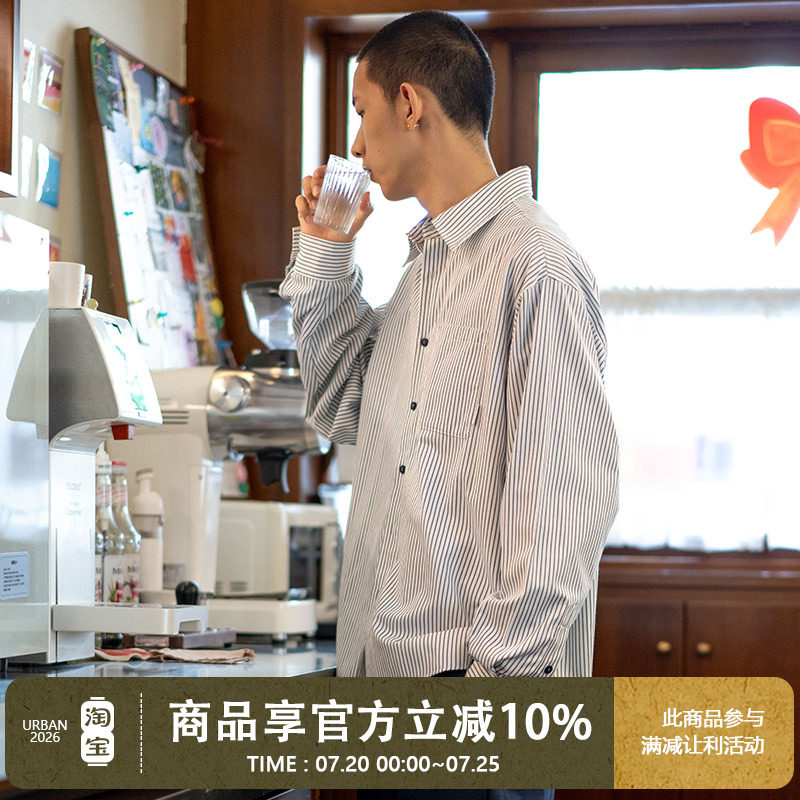 UrbanStandard日系复古色织条纹衬衫男秋季新款宽松长袖休闲衬衣
