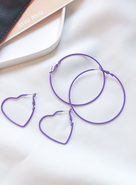 日韩网红森系紫色爱心圆圈耳环S925银针几何个性潮款圆环耳圈耳钉
