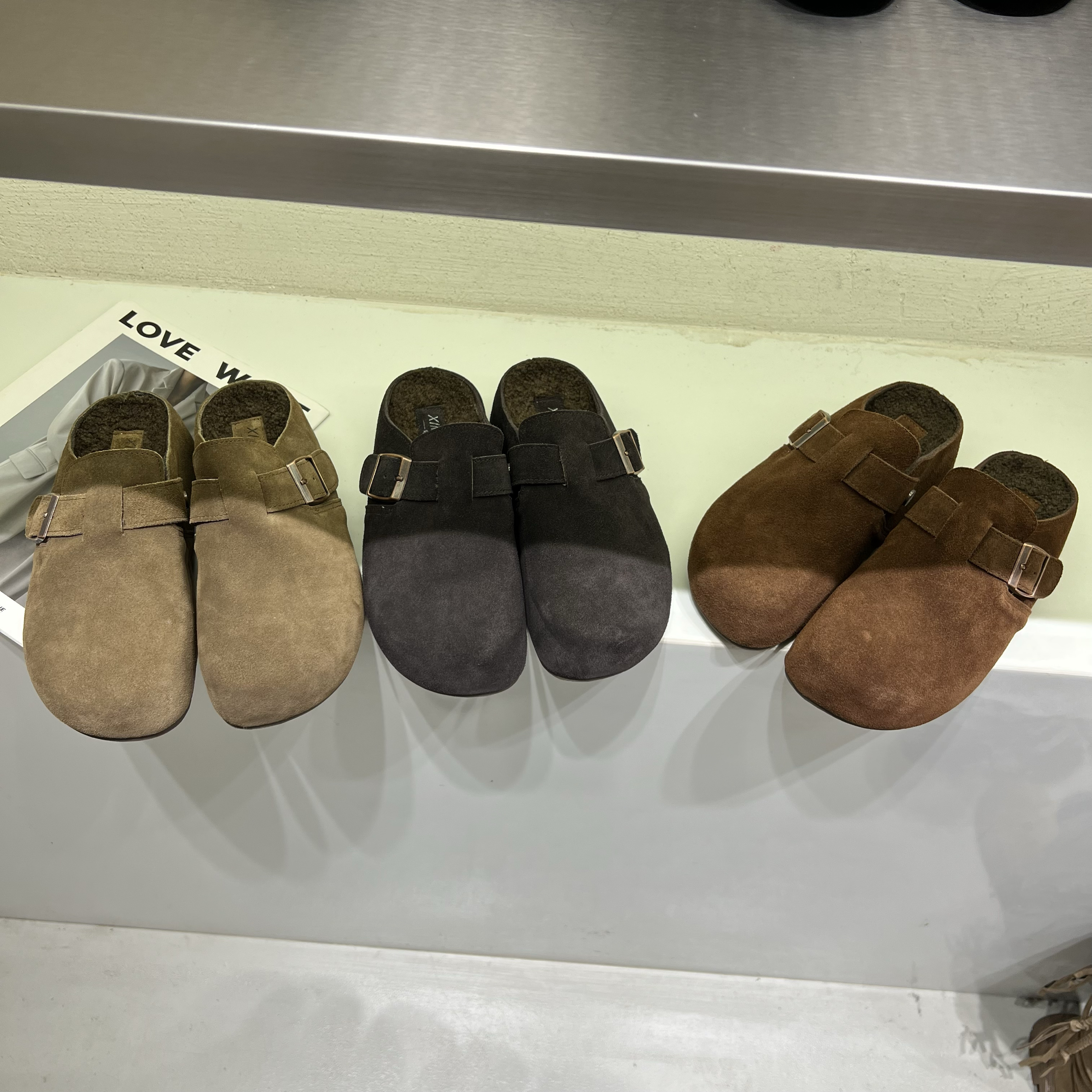 复古真皮内增高包头勃肯半拖鞋女25冬季厚底加绒一脚蹬毛毛懒人鞋