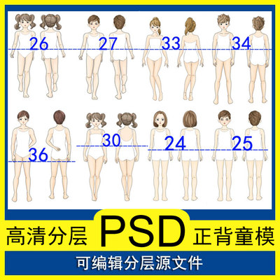 男女少儿童模学生人体正背PS分层款式美术手绘画设计校服装效果图