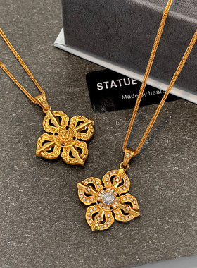 老铺金刚杵金色四叶草项链女复古