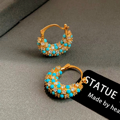 精致小米珠绿松石锆石耳环女老钱