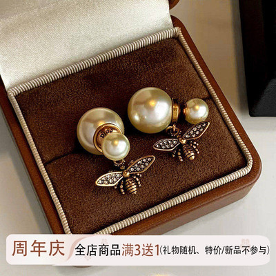 秋冬复古黄铜双面珍珠蜜蜂耳环女