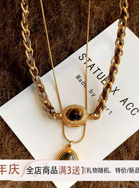 春夏美拉德虎眼石项链女双层金属