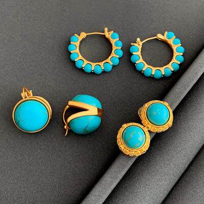 显白绿松石耳钉女纯银圈圈小众