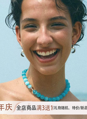 冰川蓝猫眼石项链女小众高级感毛衣链轻奢糖果色串珠磁吸扣锁骨链