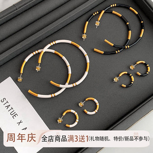 法式黑白金珐琅圈圈耳环女小众圆环耳钉纯银C圈高级感撞色耳饰品