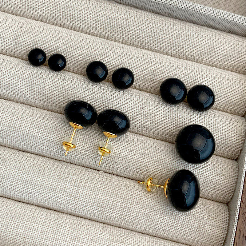 2026新款施家黑色珍珠耳钉女纯银小众简约高级感黑金百搭馒头耳环