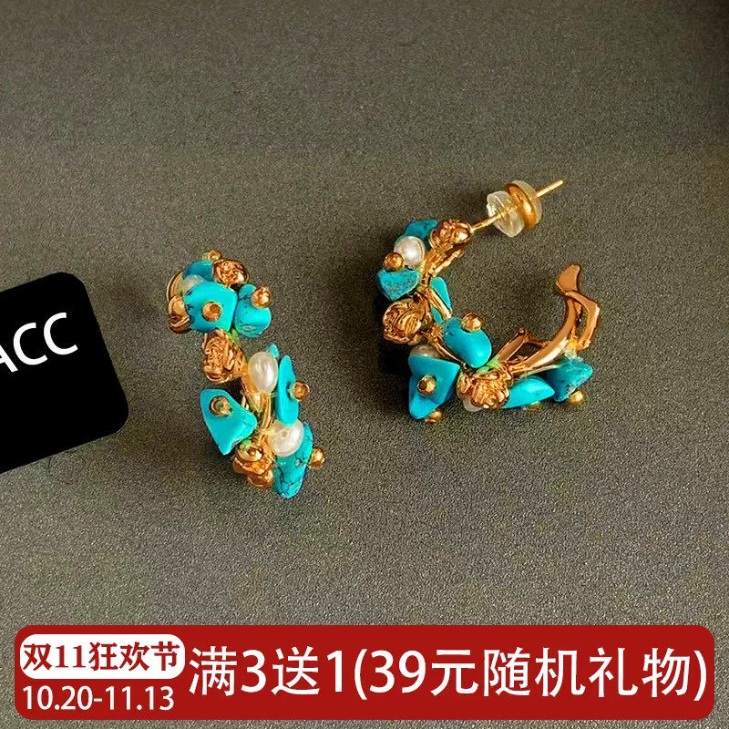 复古天然绿松石珍珠耳环女纯银针轻奢小众手工花朵耳圈高级感耳饰