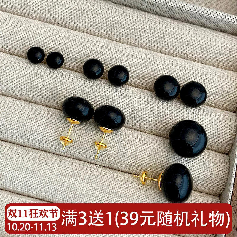 2026新款施家黑珍珠耳钉女纯银针小众简约高级感黑金百搭馒头耳环