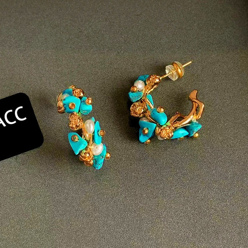 复古天然绿松石珍珠耳环纯银轻奢