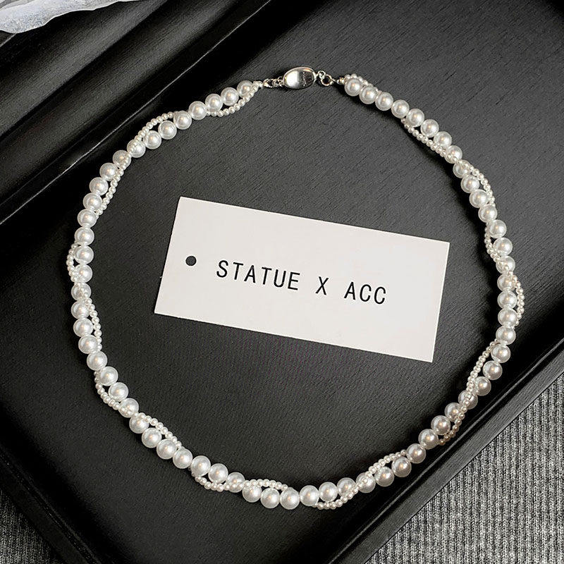 施家正品澳白双层叠加项链女小众名媛毛衣链轻奢小米珠颈链锁骨链