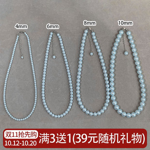 施家珍珠项链女雾霾蓝气质圆珠锁骨链蓝玫瑰轻奢毛衣链耳钉
