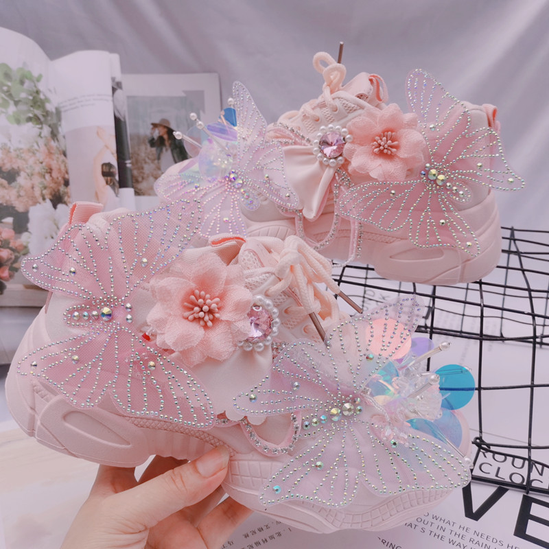春夏双网单里皮面亲子款重工老爹鞋女水钻蝴蝶粉色运动鞋